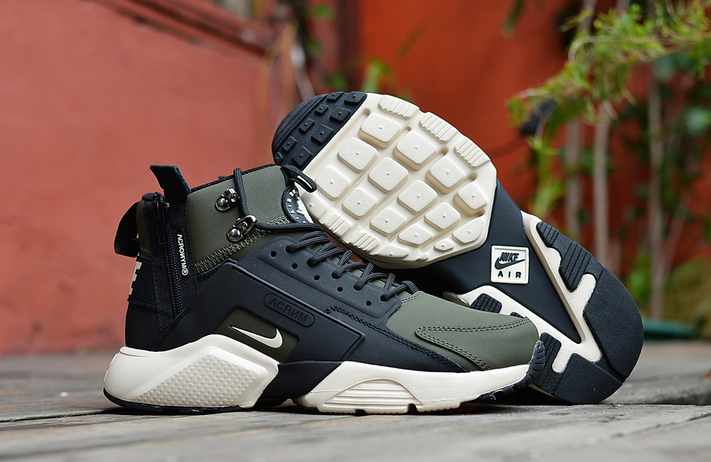 Nike Air Huarache X Acronym City MID Leather Army Green Black White Shoes - Click Image to Close